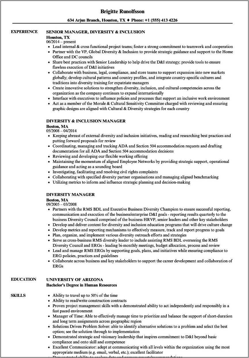 Experience Working In A Diverse Work Environment Resume