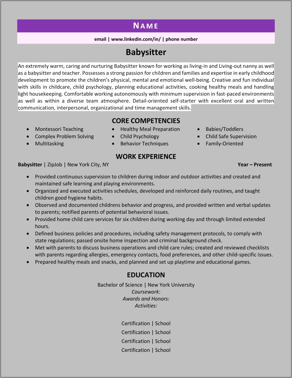 Experience Working With Children Babysitting On Resume