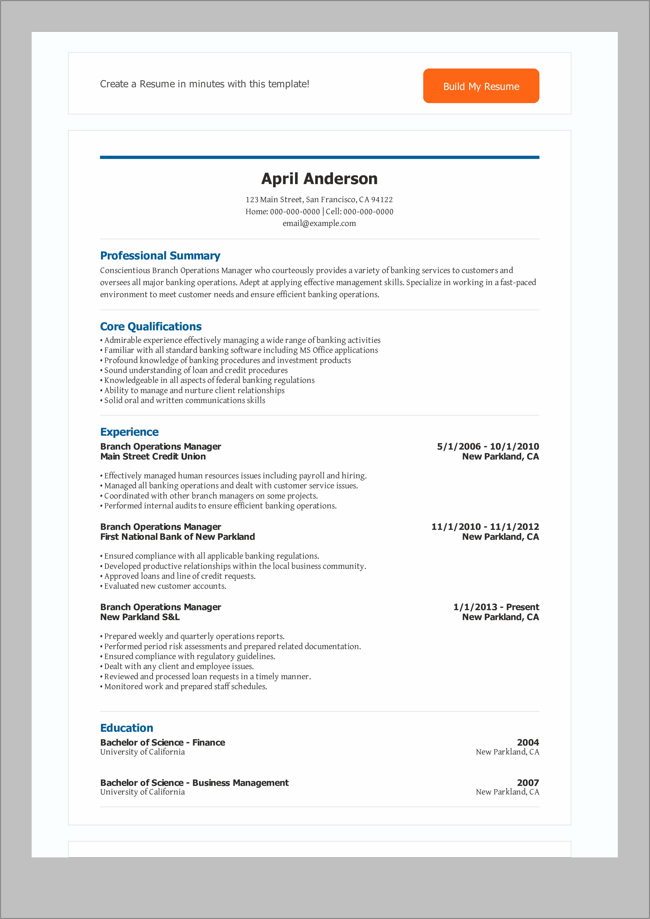 Experienced Bank Operations Manager Resume
