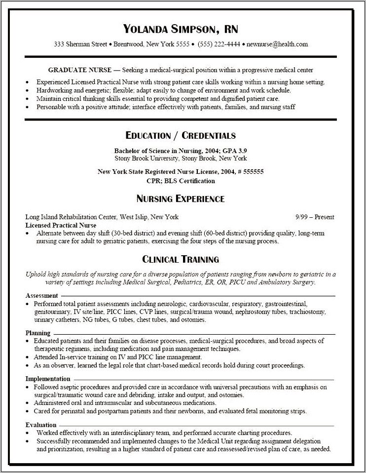 Experienced Licensed Practical Nurse Sample Resume