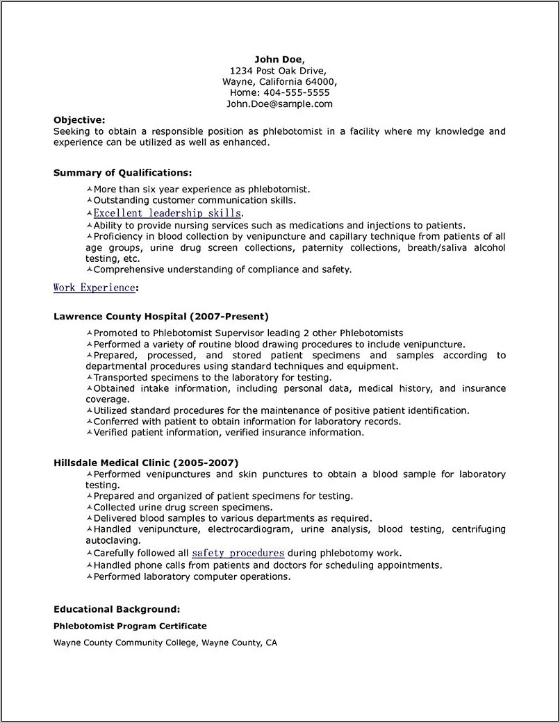 Experienced Phlebotomist Job Description For Resume