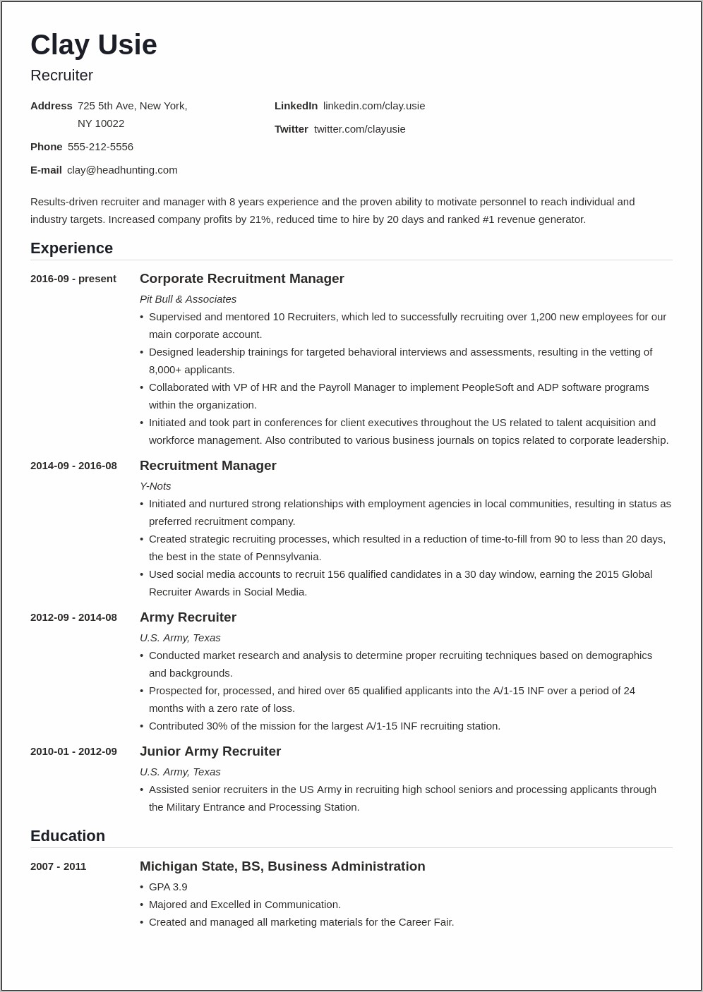 Experienced Recruiter Objective Statement Resume
