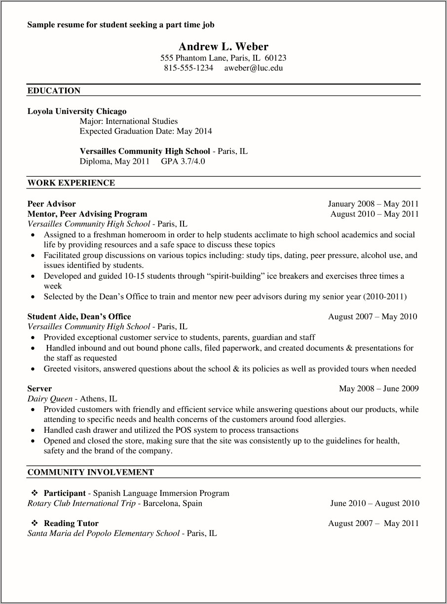 Experienced Resume For Part Time Job College Student