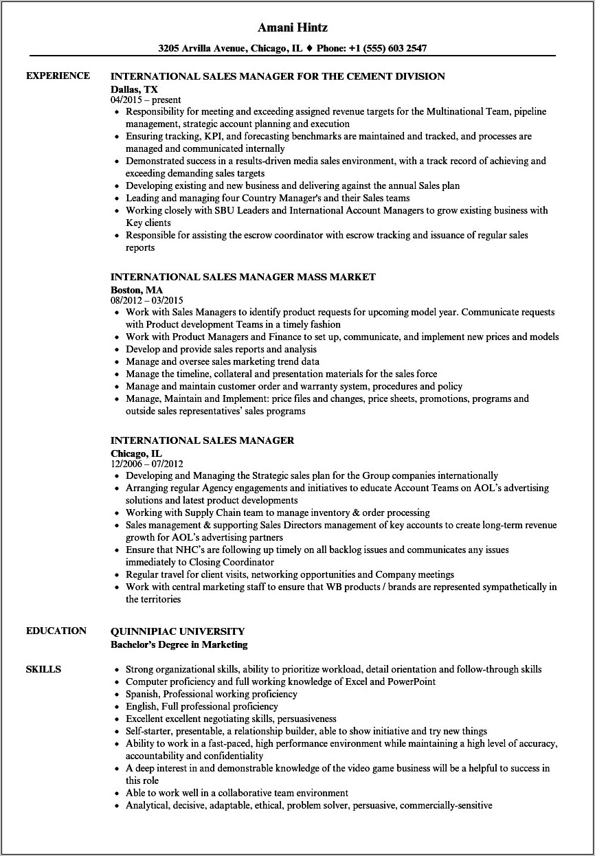 Export Sales Executive Job Description For Resume
