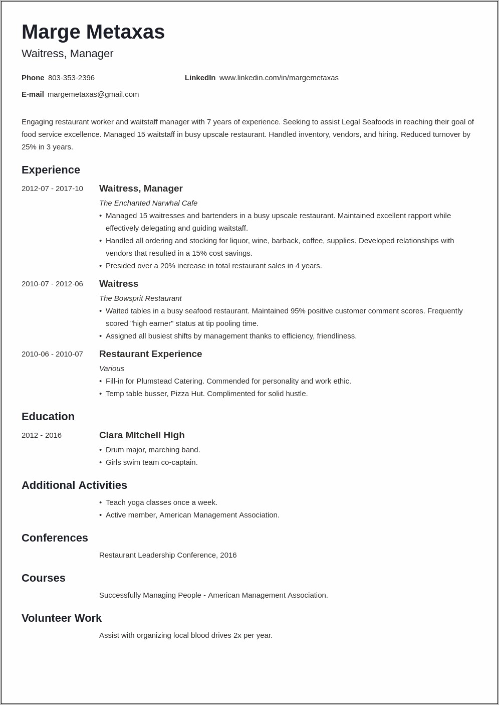 Exsample Resume Of Summary For Restaurant