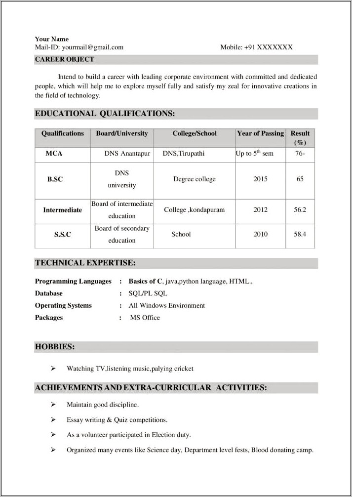 Extra Curricular Activities In Resume For Freshers Sample