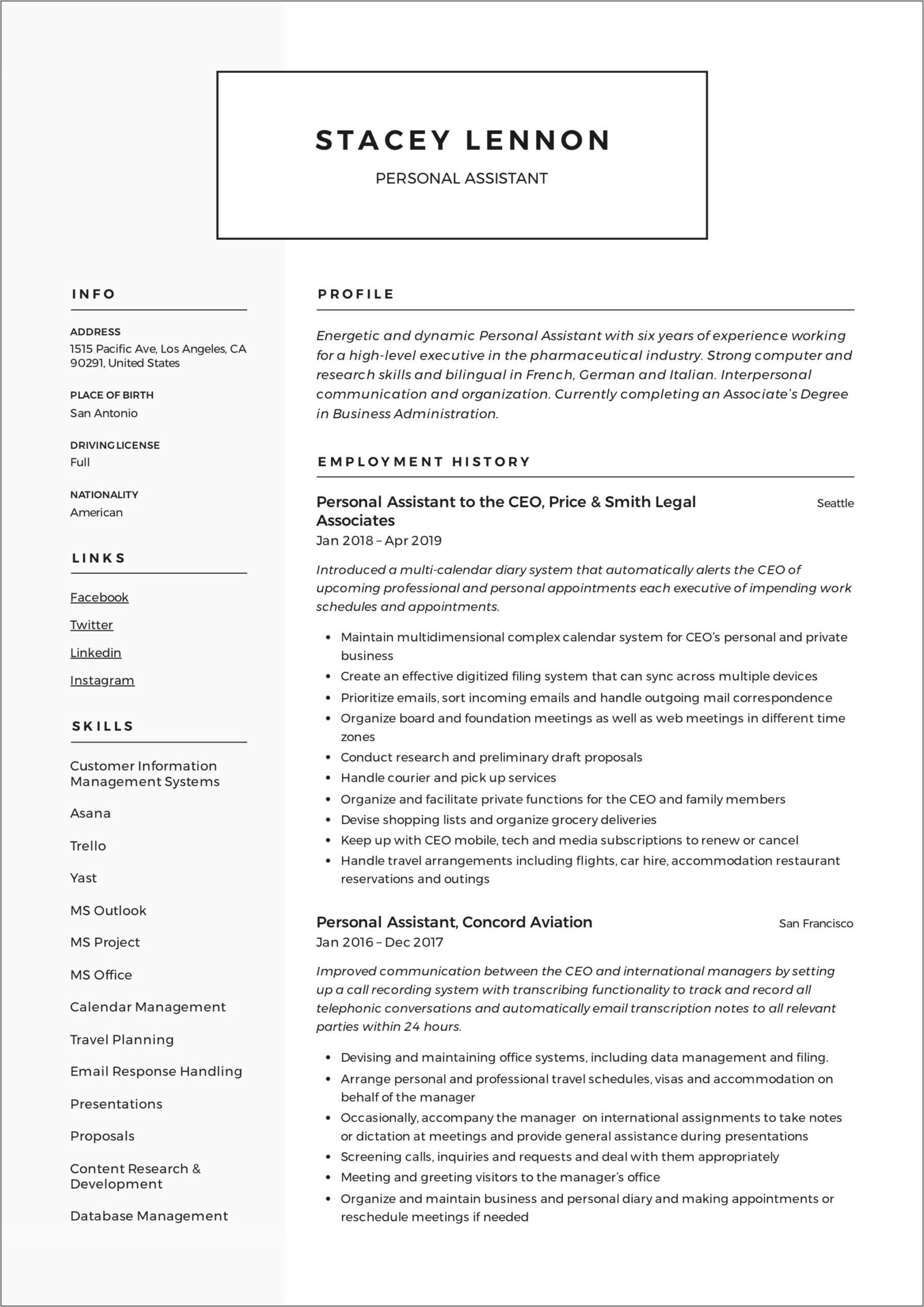 Eye Catching Resume Template For Personal Assistant