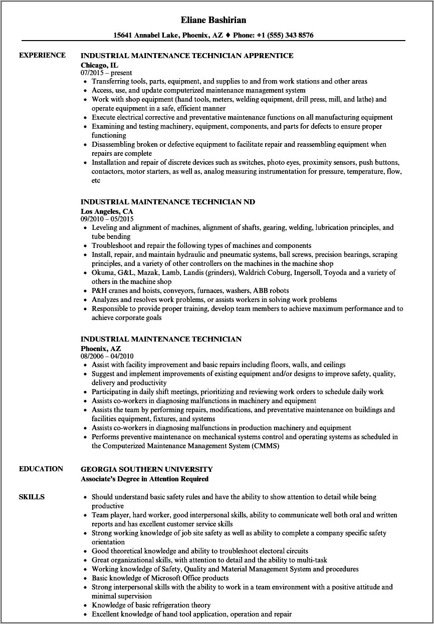 Facility Maintenance Technician Job Description Resume