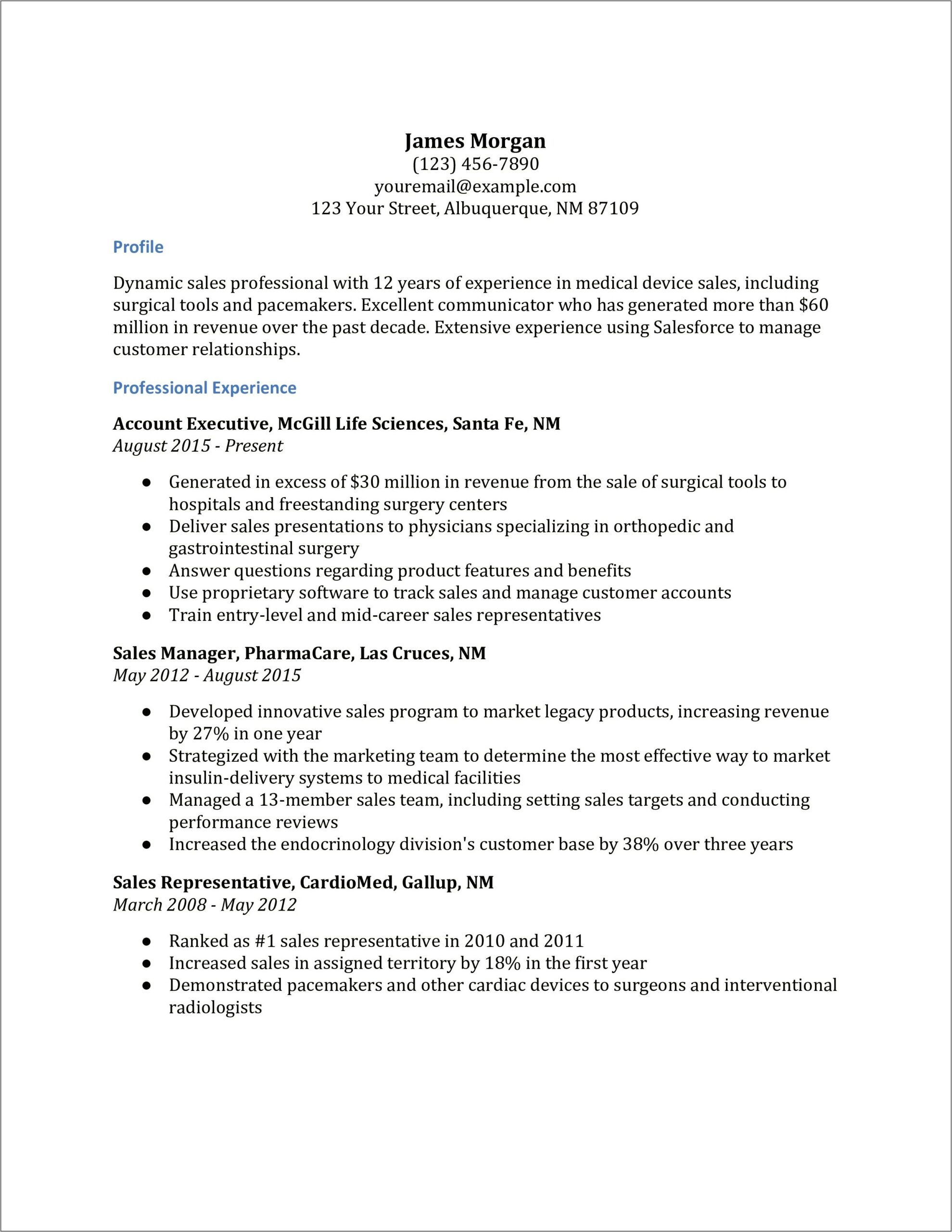 Factory Outside Sales Rep Sample Resume