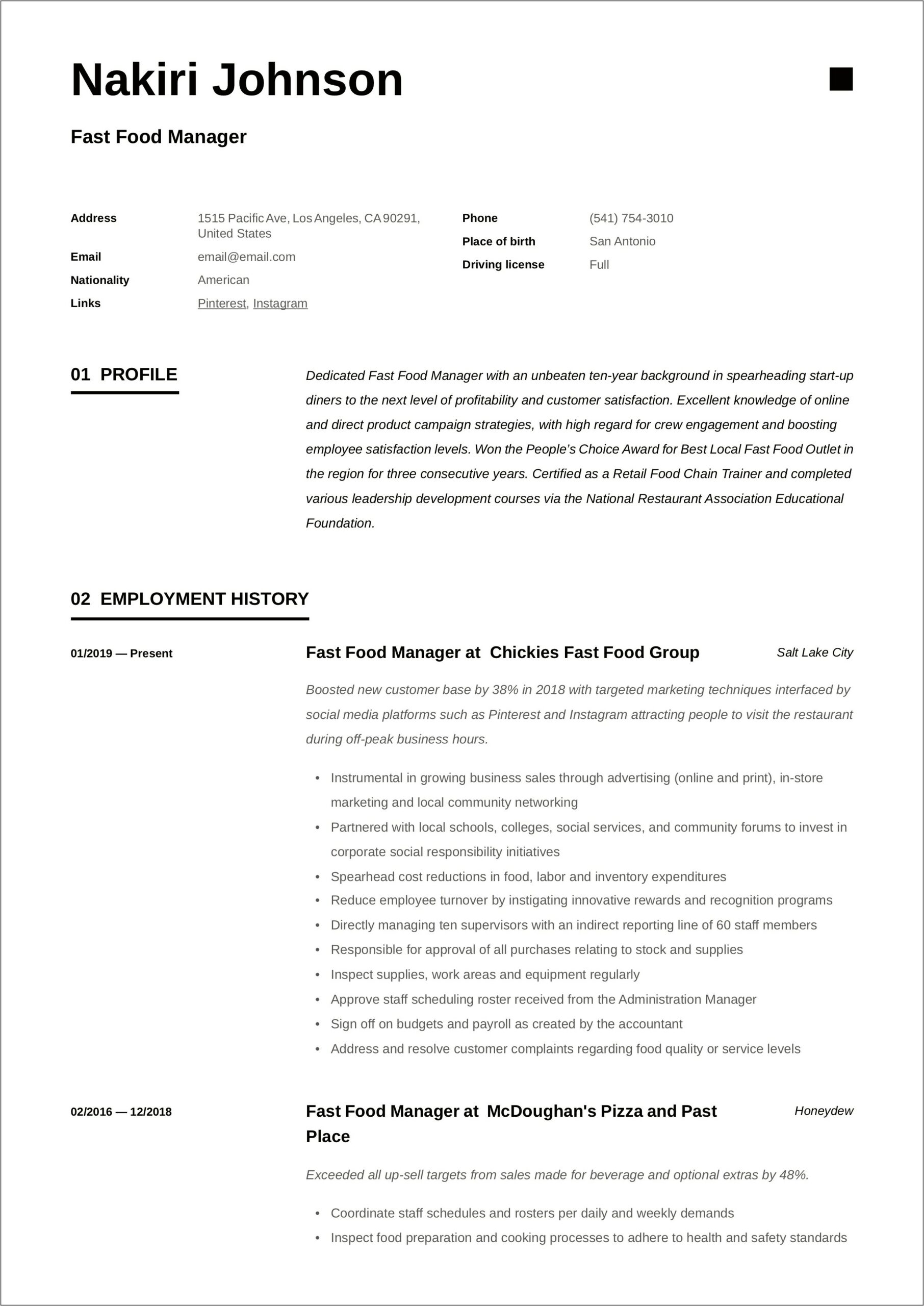 Fast Food Manager Experience On Resume