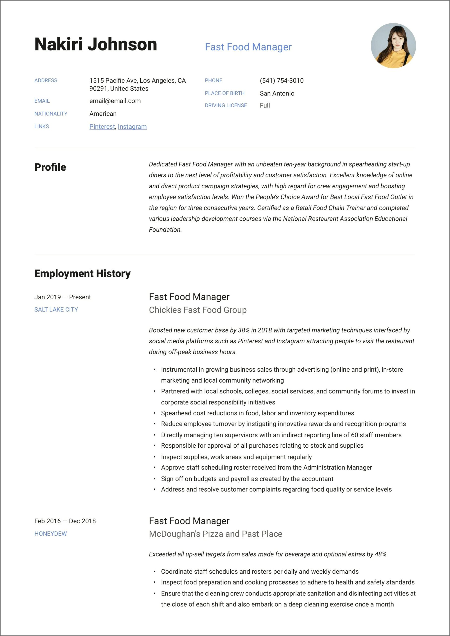 Fast Food Manager Skills To Put On Resume
