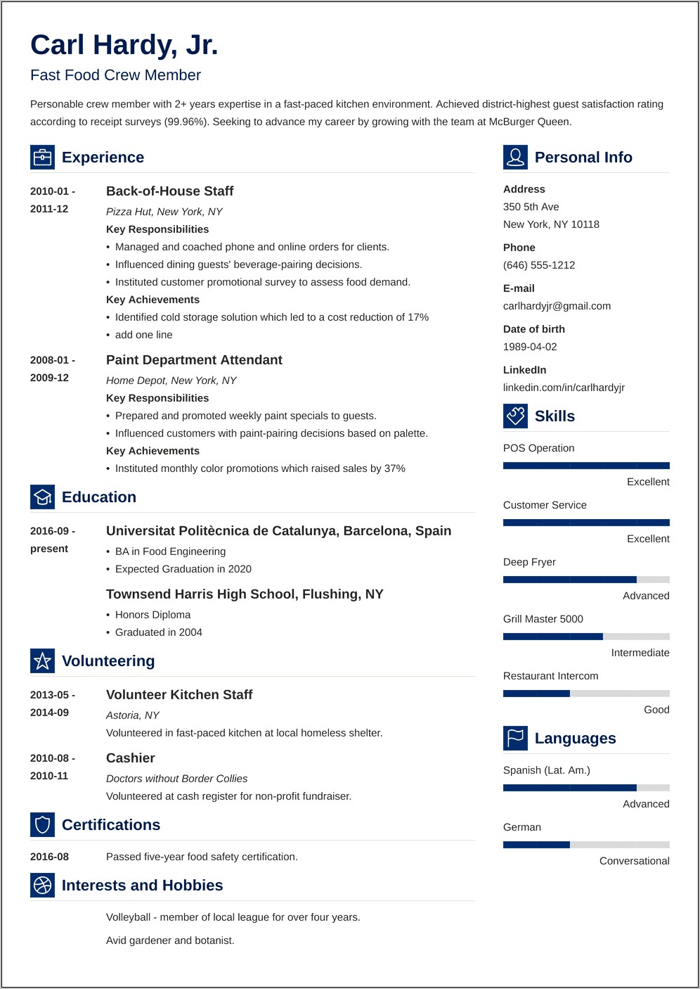 Fast Food Restaurant Manager Resume Examples