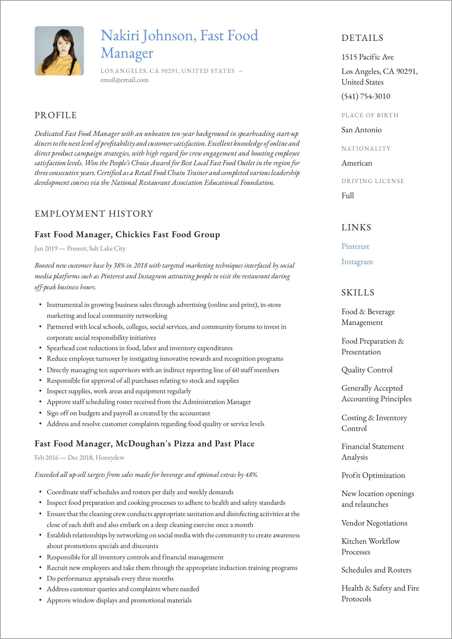 Fast Food Restaurant Manager Resume Template