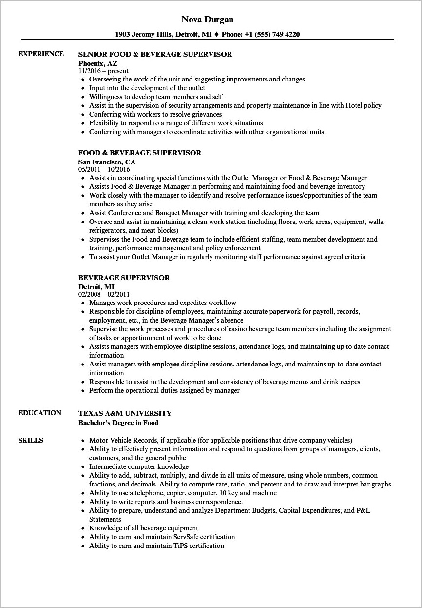 Fast Food Supervisor Job Description Resume