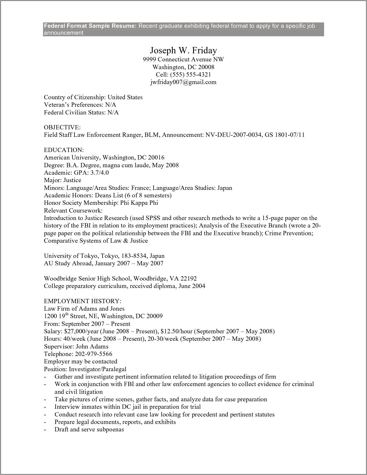 Federal Employee Resume Template For Civilians
