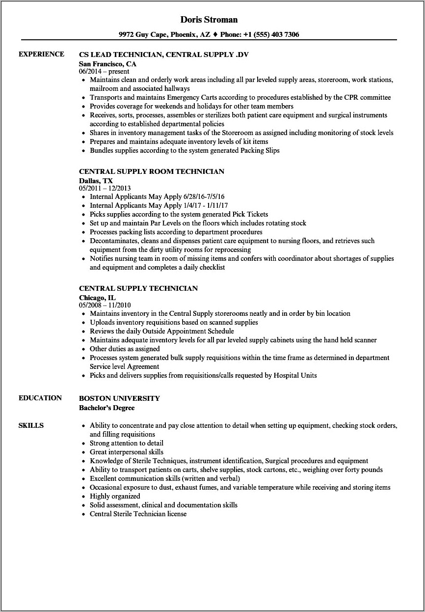 Federal Supply Technician Resume Sample