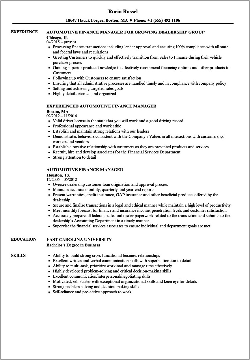 F&i Manager Resume Examples