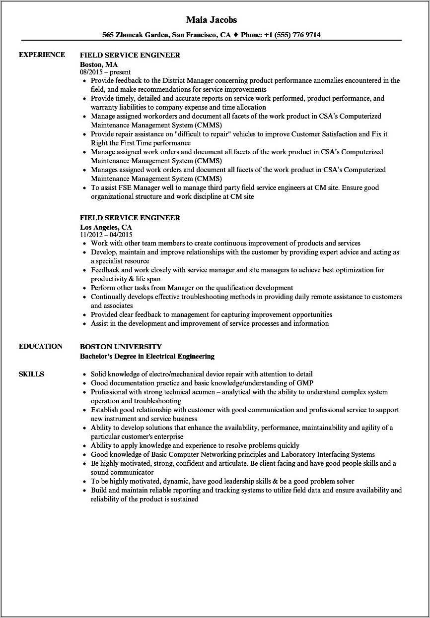 Field Service Engineer Resume Cover Letter