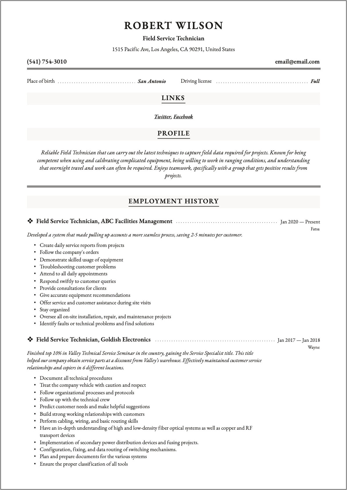 Field Service Technician Sample Resume