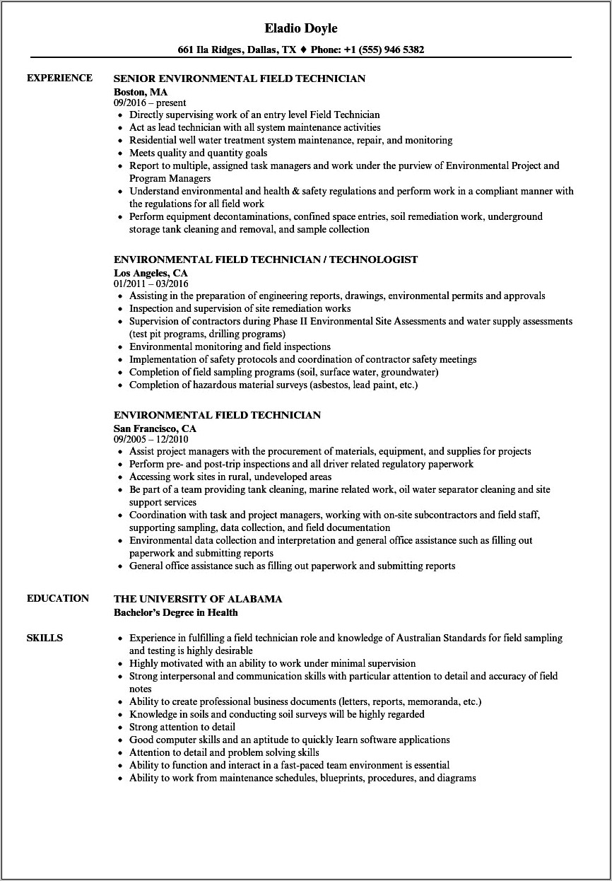 Field Technician Job Description For Resume