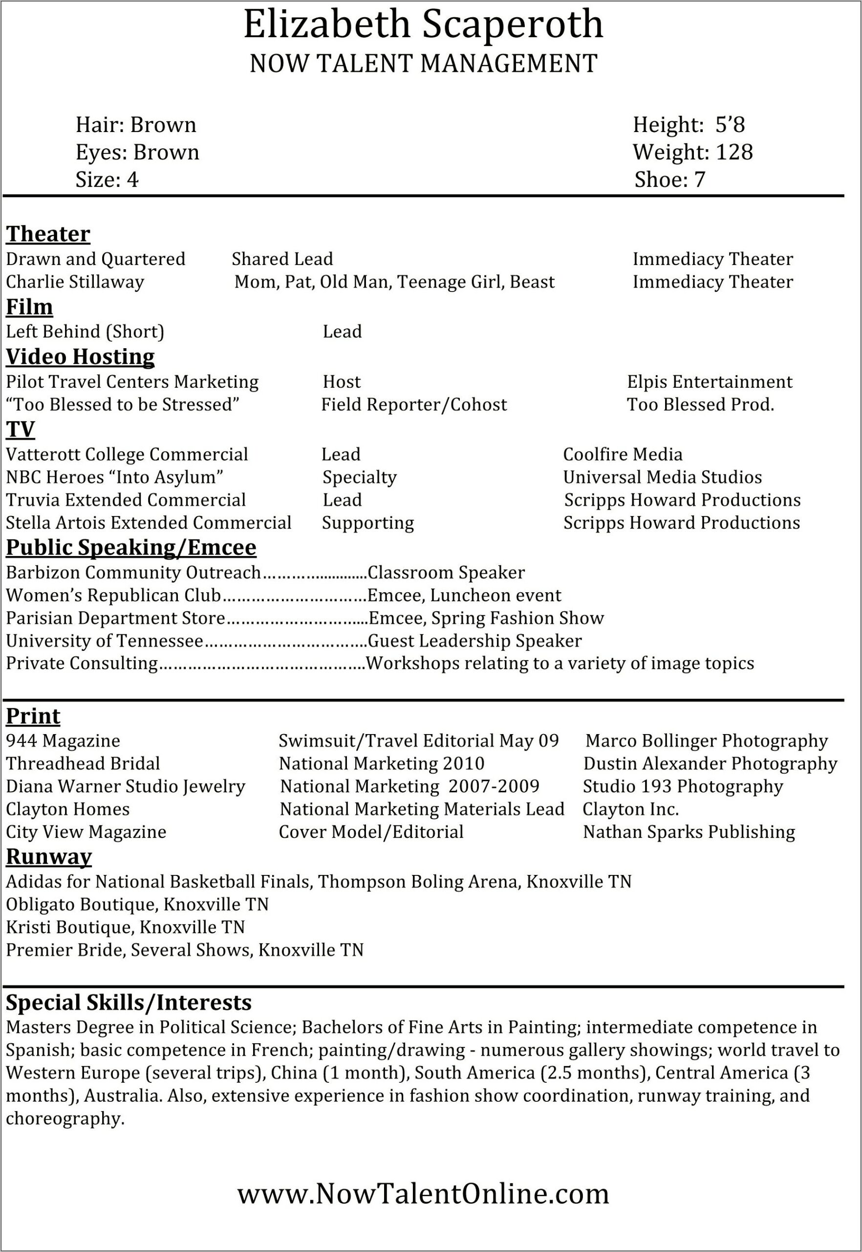 Film And Commercial Actor Example Resume