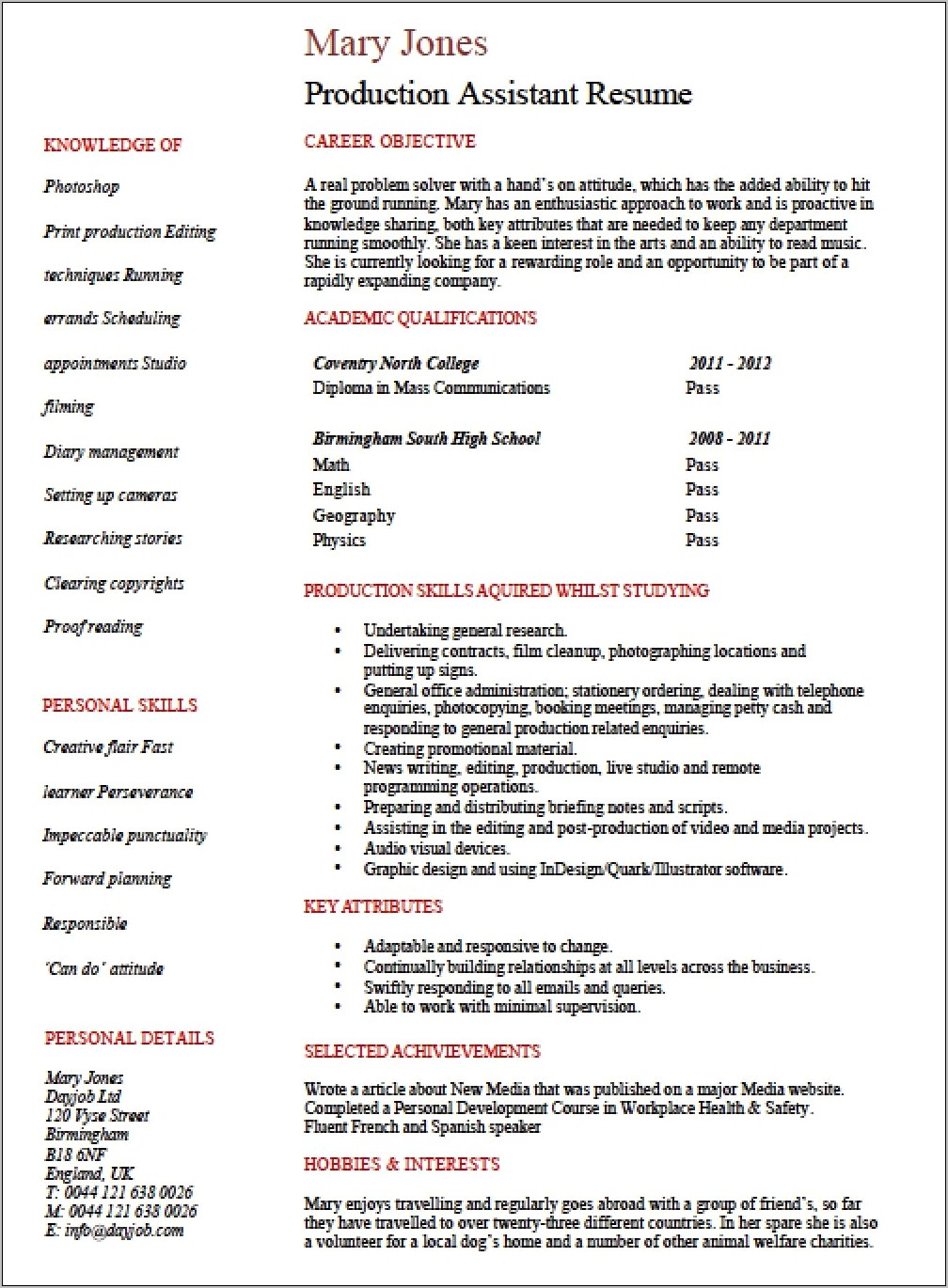 Film Production Assistant Resume Objective Sample