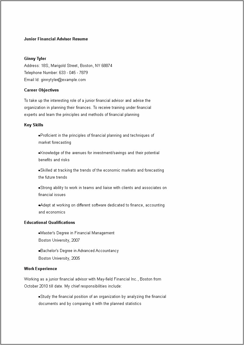 Financal Counselor Career Resume Profile Examples
