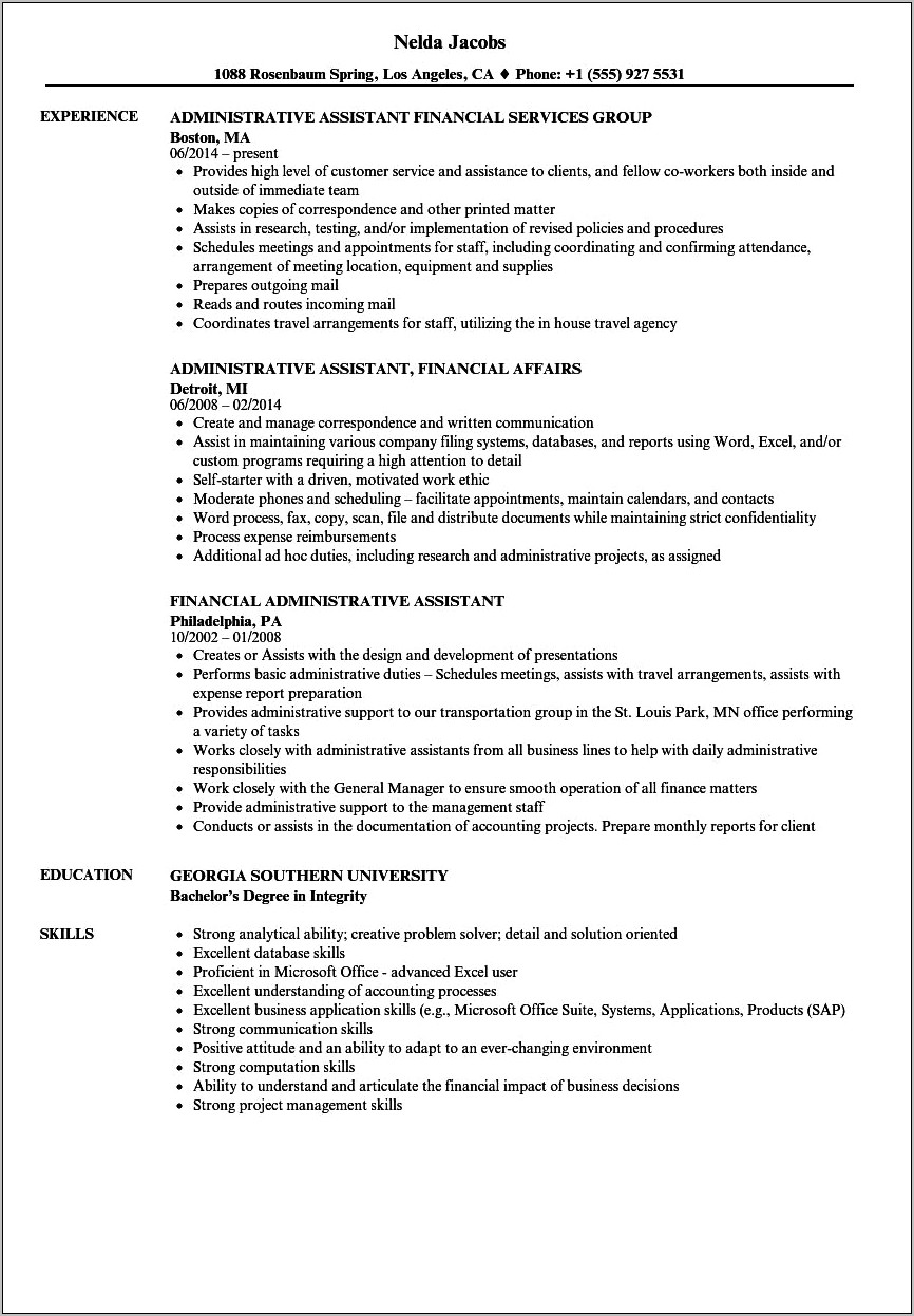 Finance Analyst And Admin Assistant Manager Resume