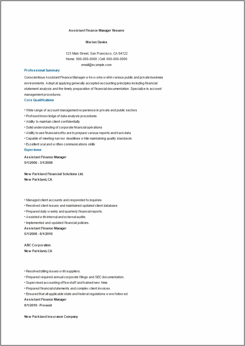 Finance And Insurance Manager Sample Resume