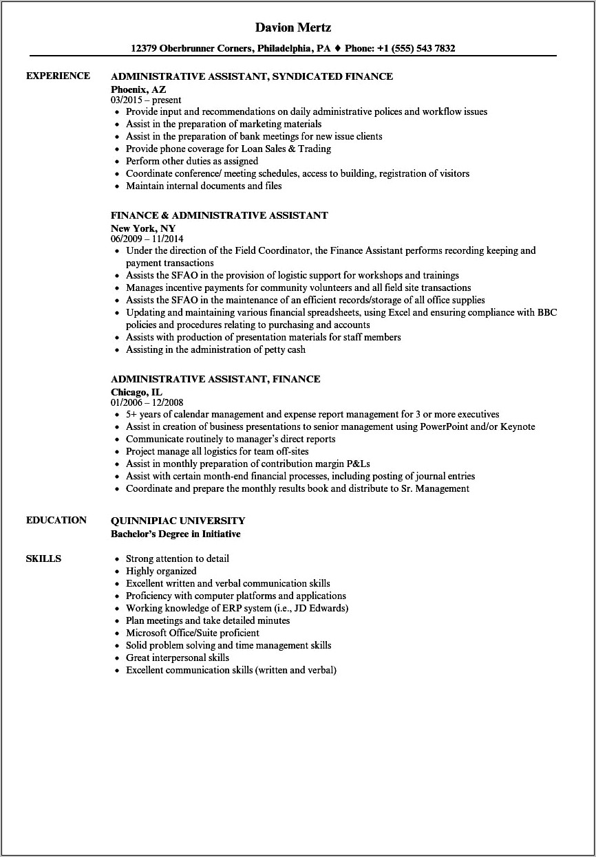 Finance Assistant Job Description For Resume