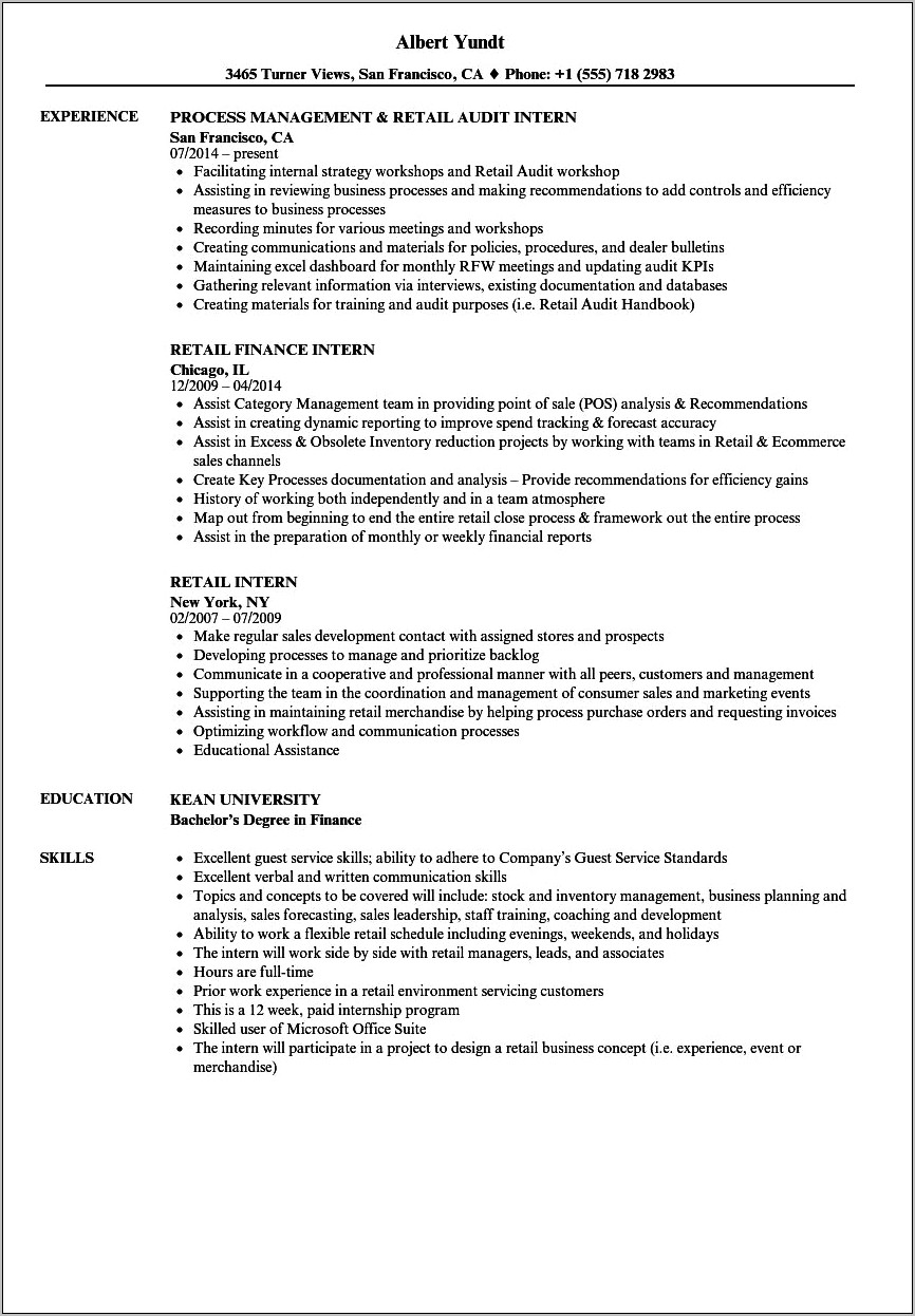 Finance Intern With Retail Experience Resume