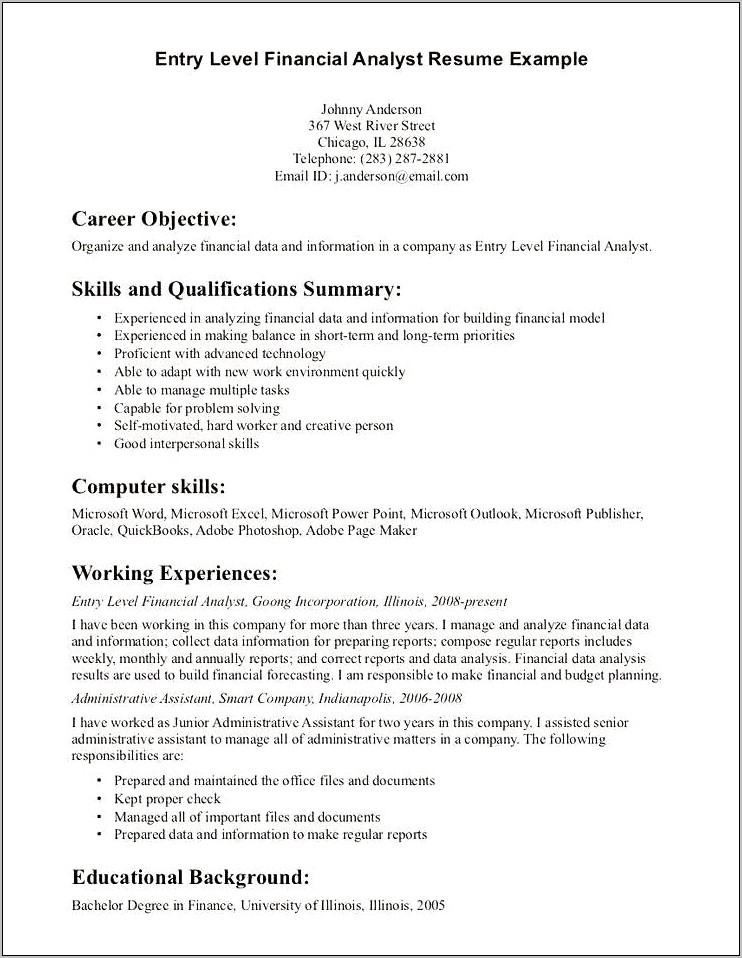 Finance Skills For Entry Level Resume