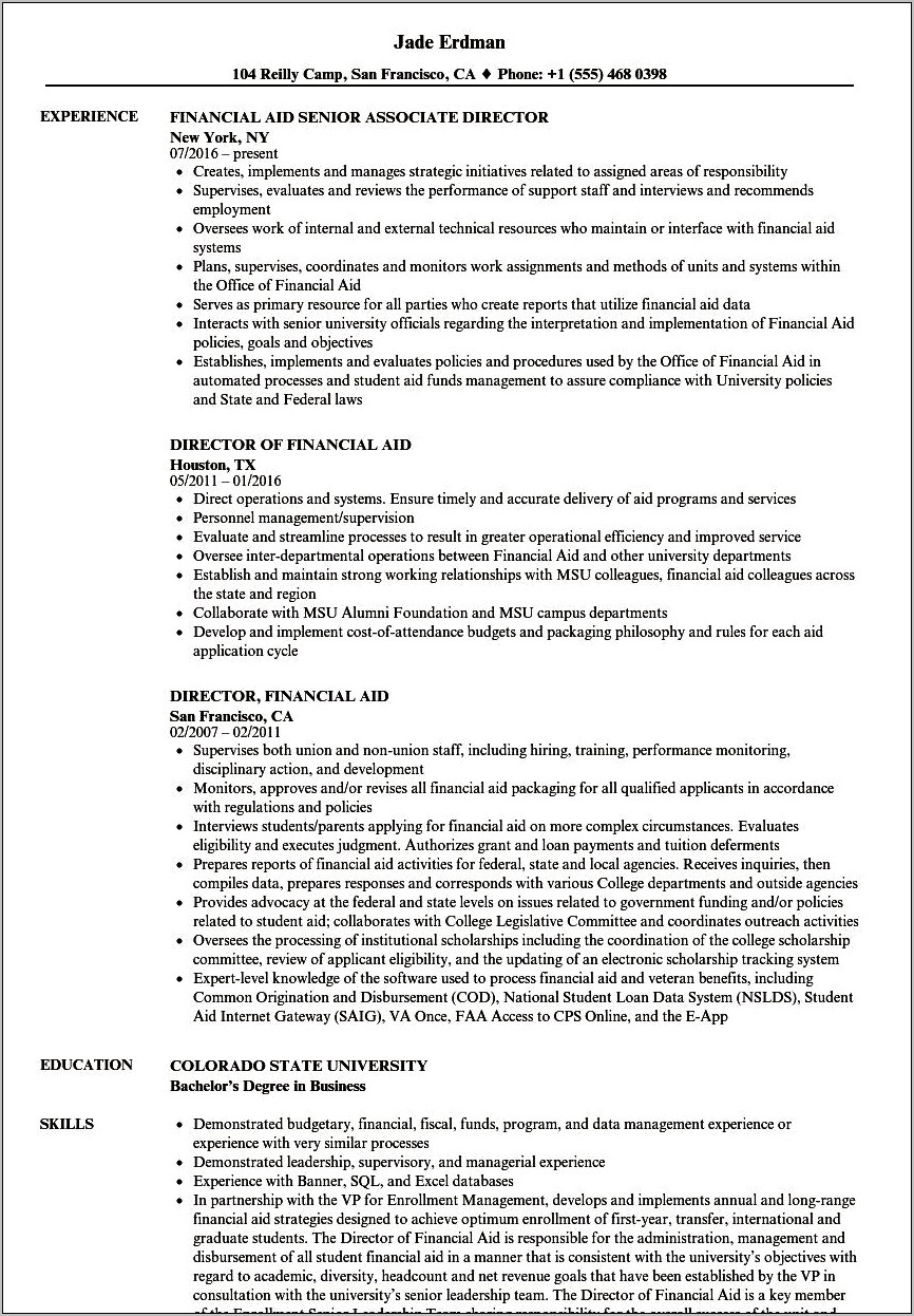Financial Aid Officer Job Description For Resume
