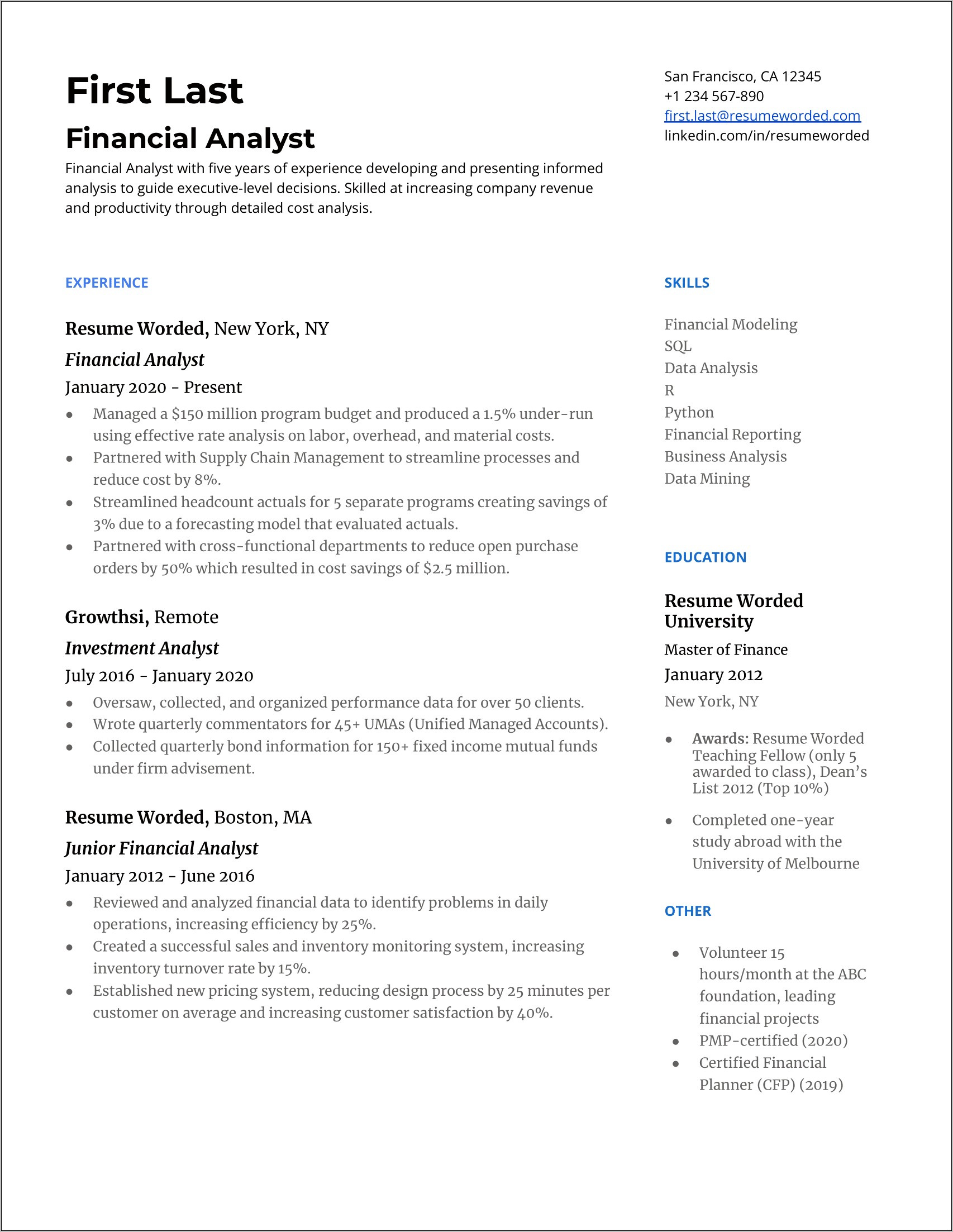 Financial Analyst Cecl Sample Resume