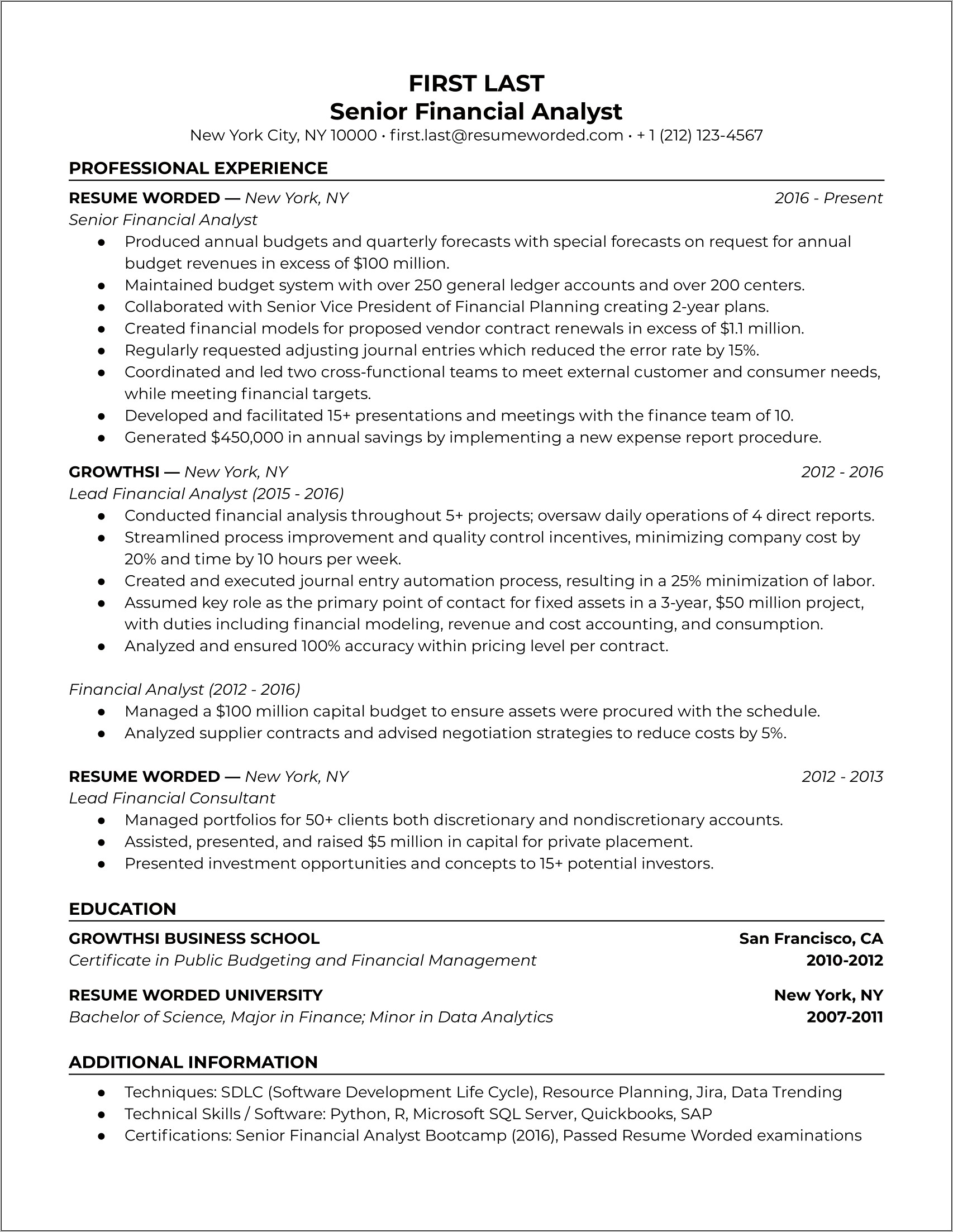 Financial Analyst Project Experience Resume Examples