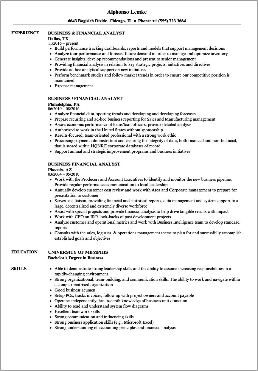 Financial Business Analyst Job Description Resume