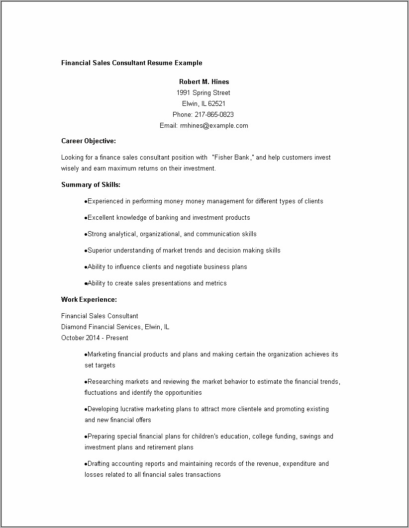 Financial Sales Consultant Iii Resume Samples