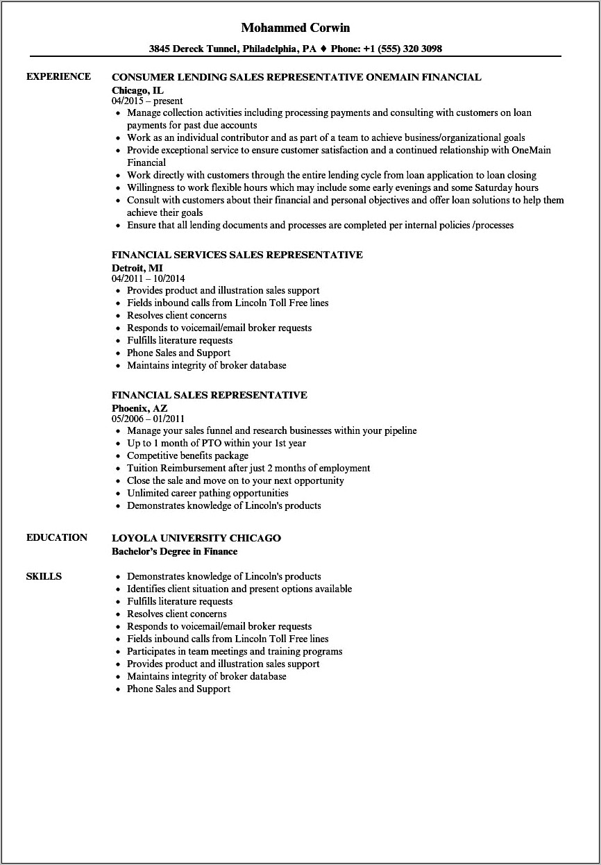 Financial Sales Consultant Job Description For Resume