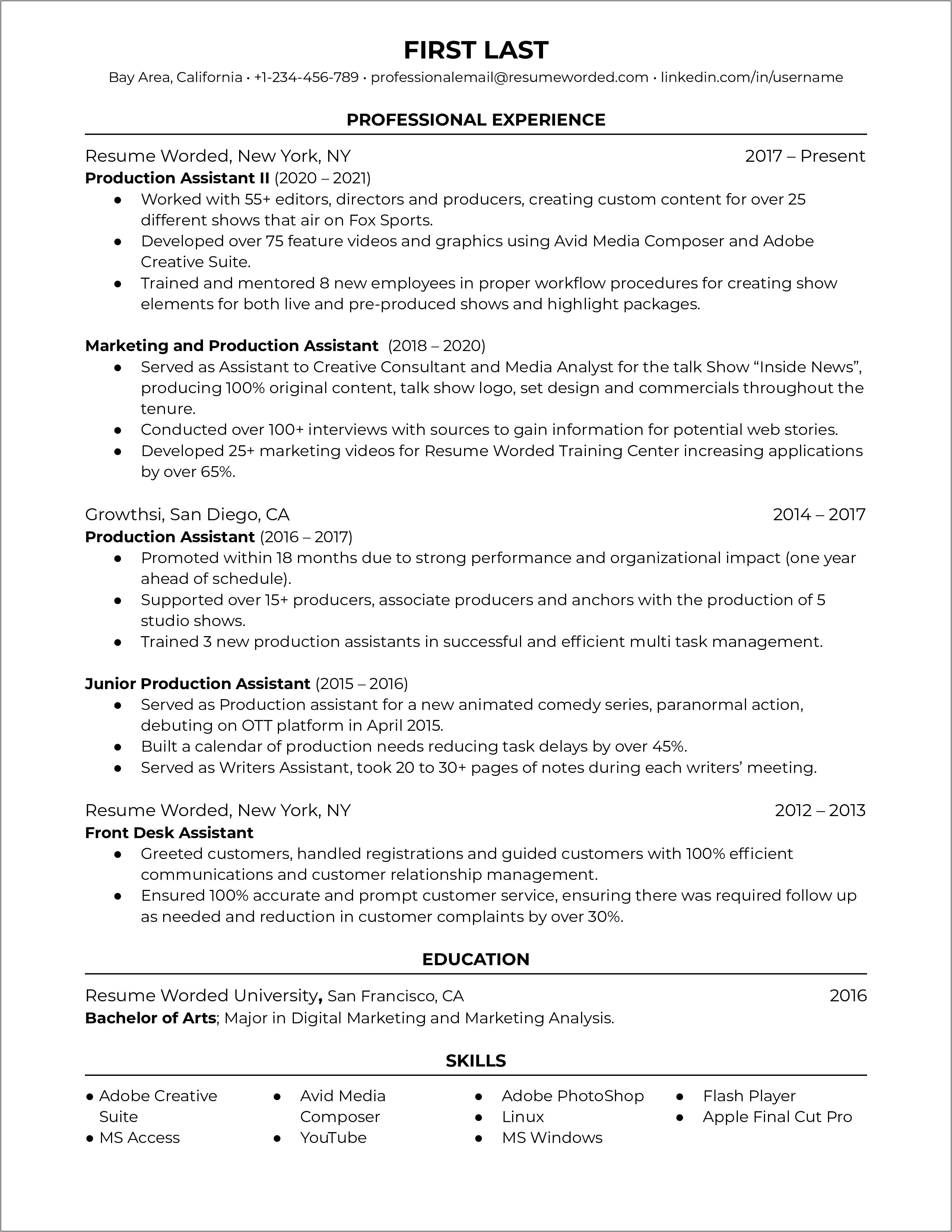 First Assistant Director Resume Sample