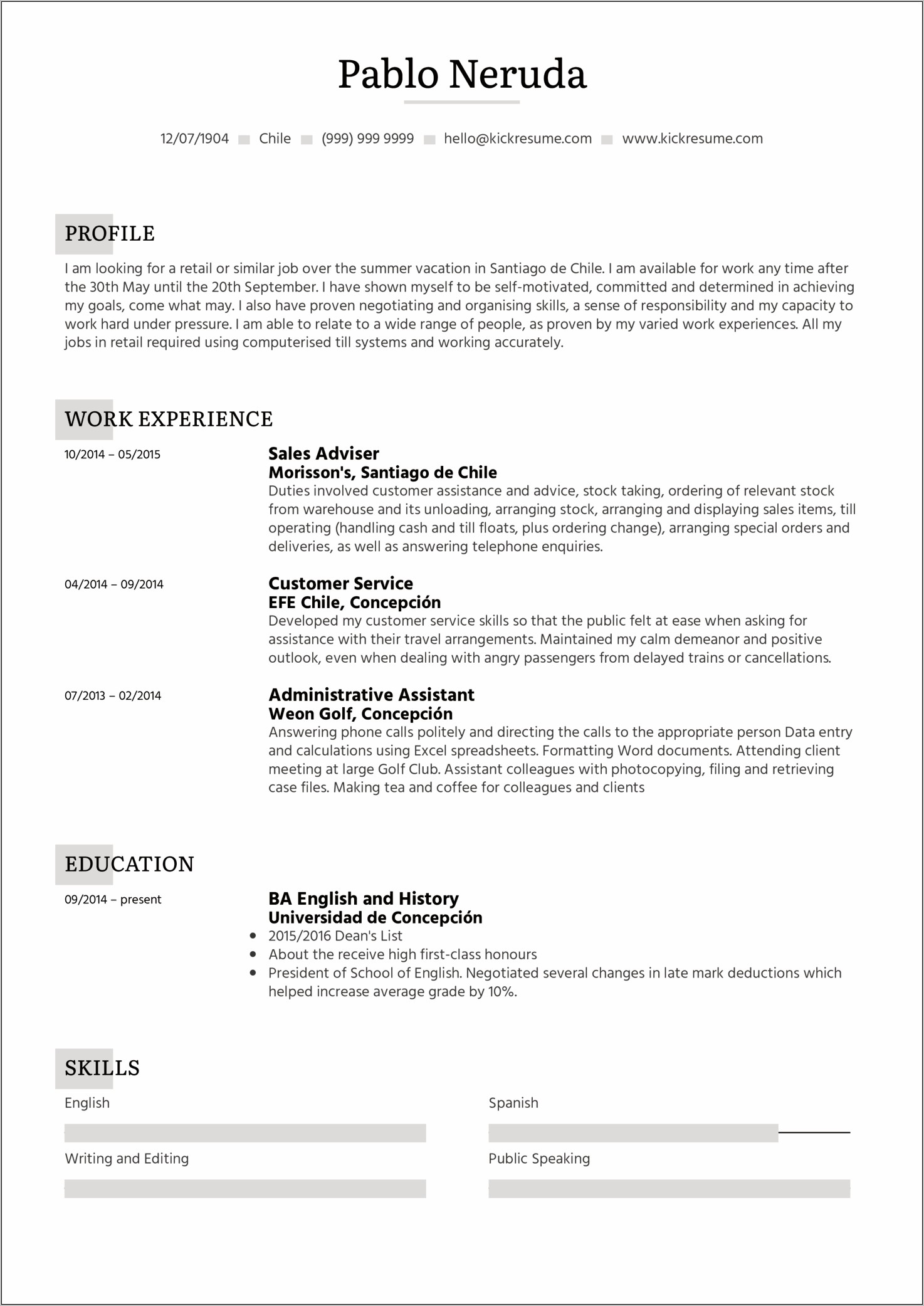 First Day Of School Student Resume
