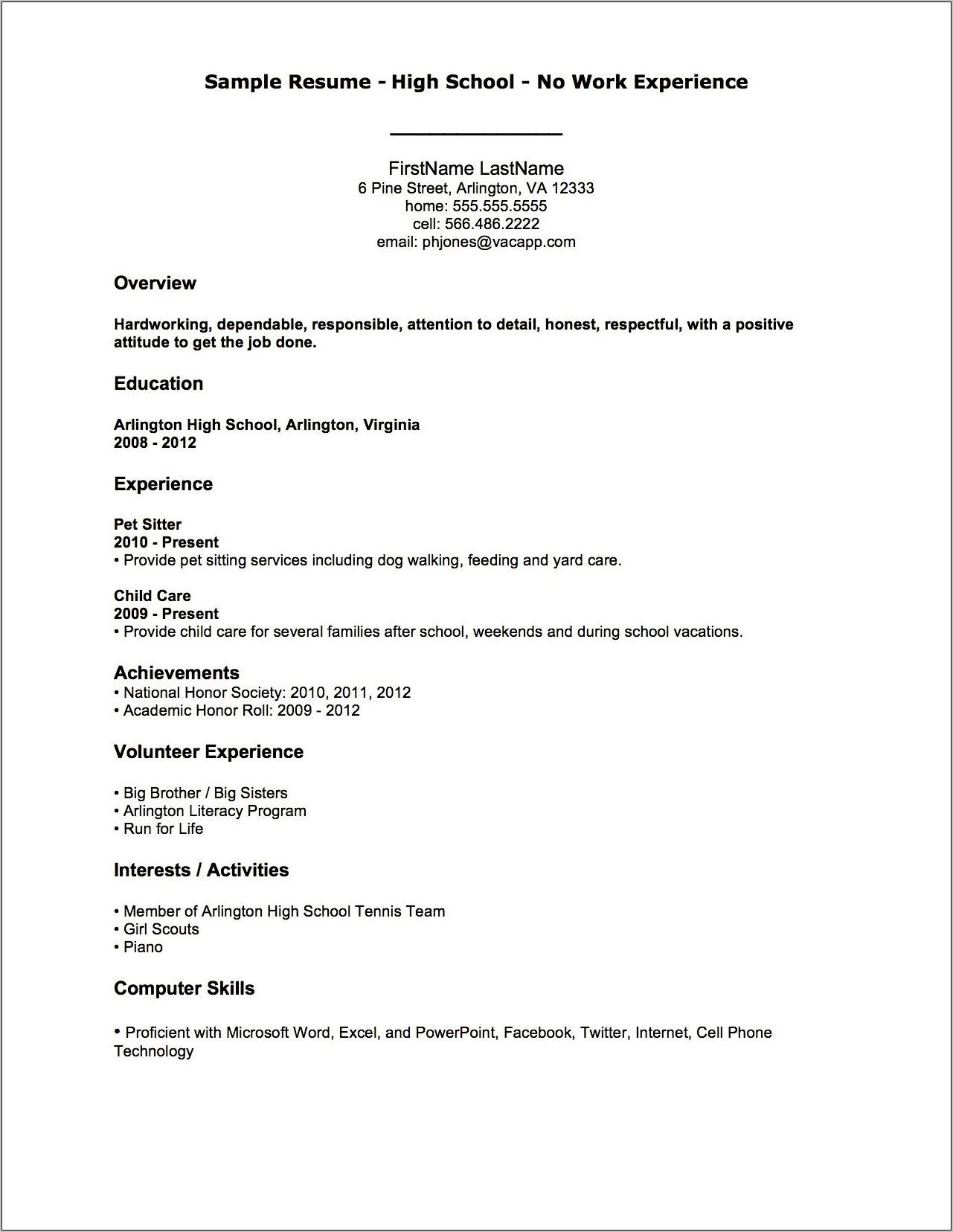 First Resume No Work Experience Example
