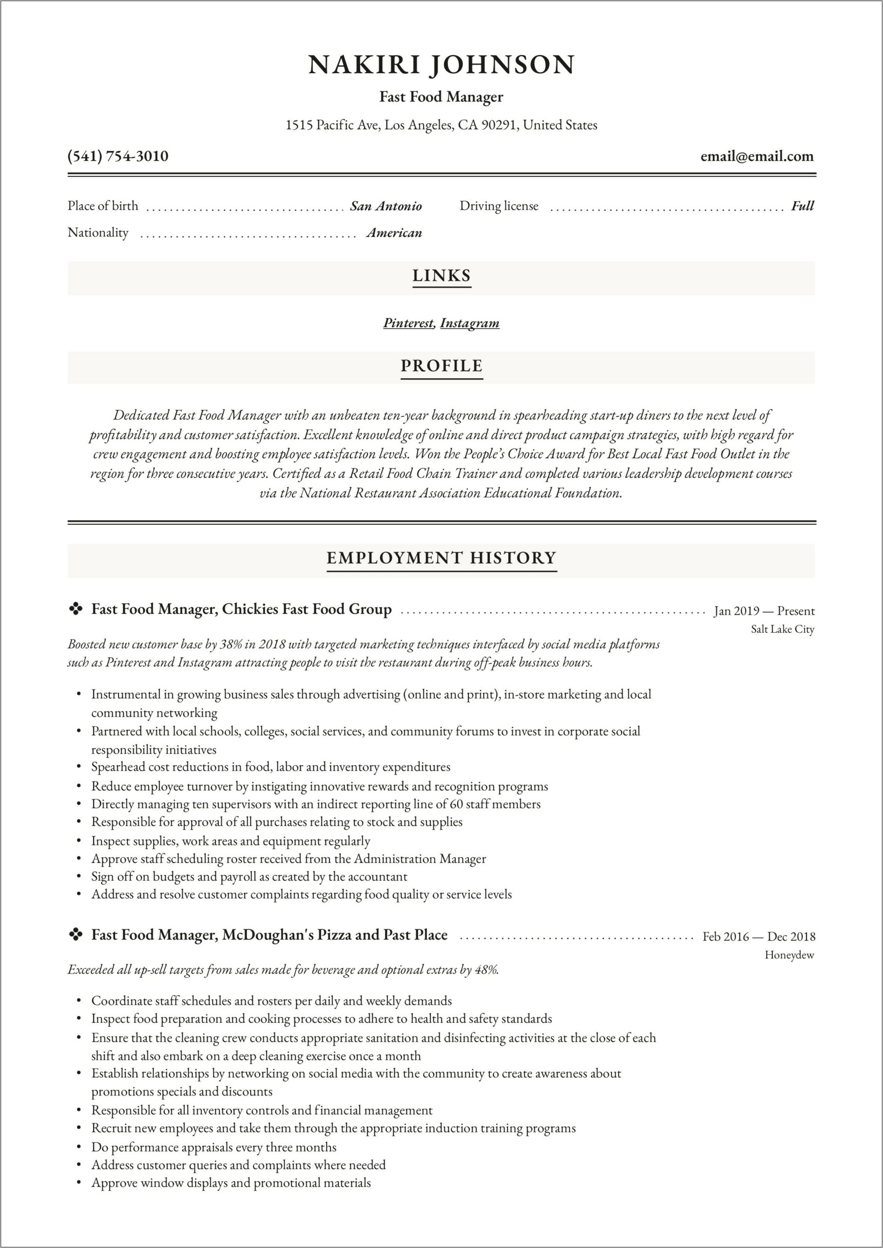 First Time Fast Food Manager Resume