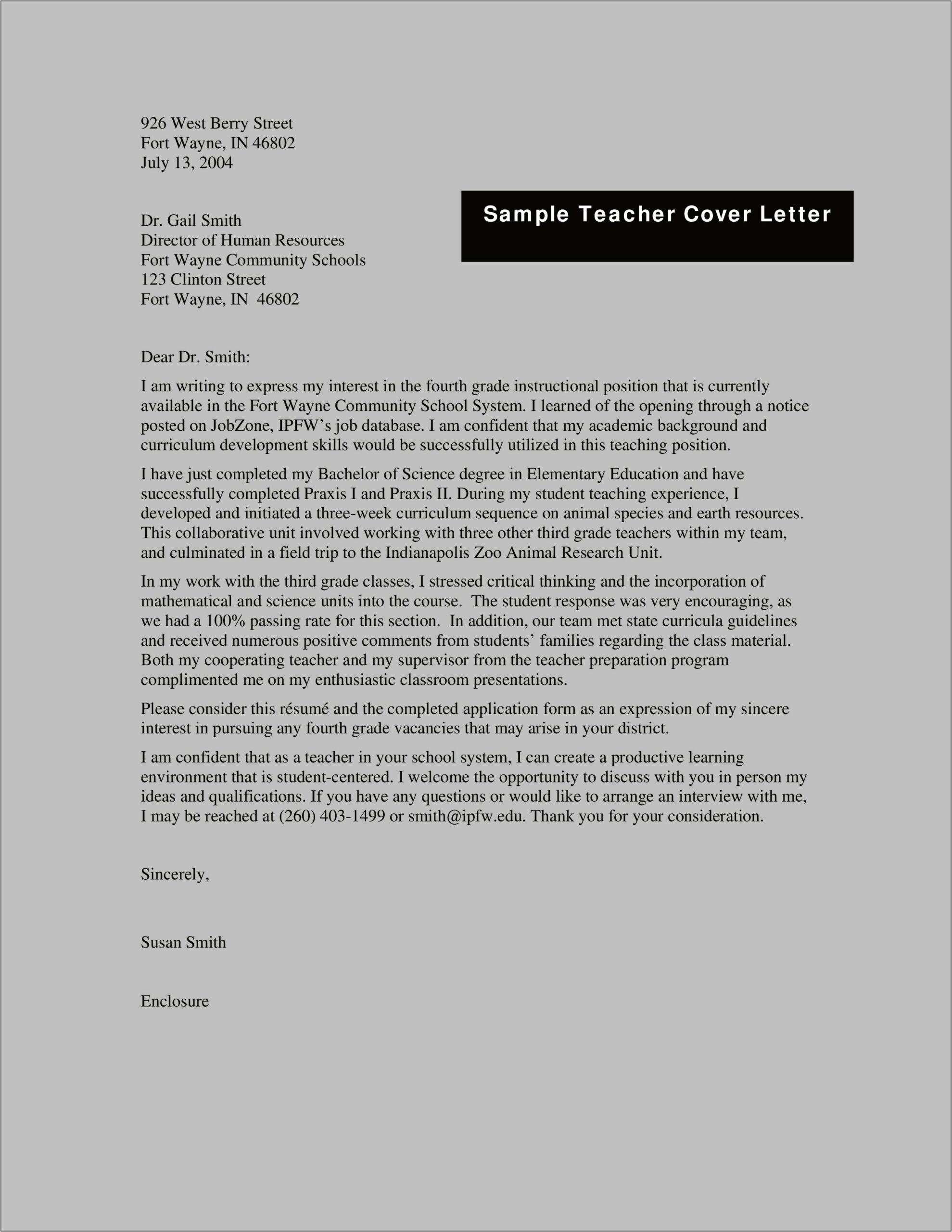 First Time Teacher Resume Cover Letter