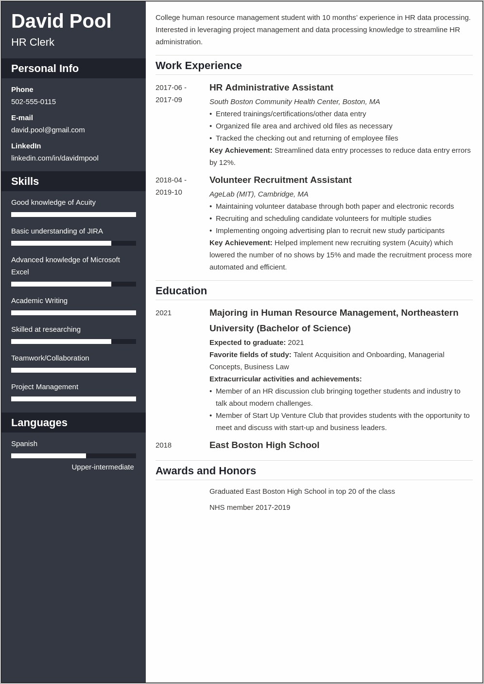 First Year College Student Example Resume