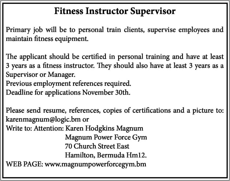 Fitness Instructor Community Job Description Resume