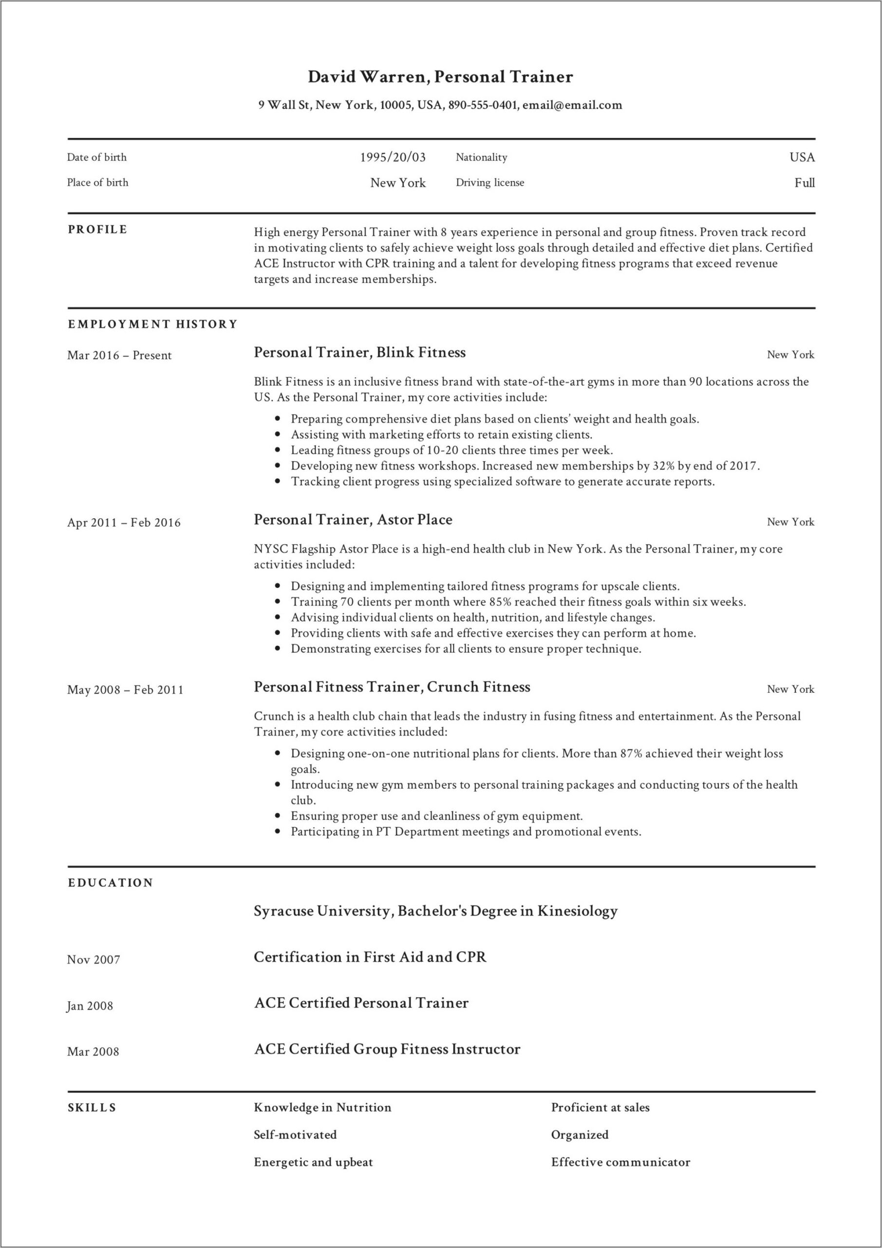 Fitness Instructor Resume With No Experience