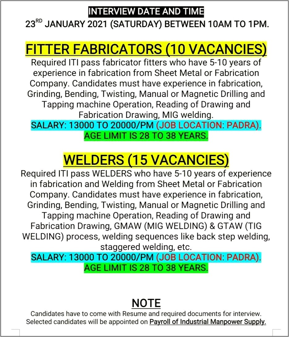 Fitter Welder Job Summary Resume