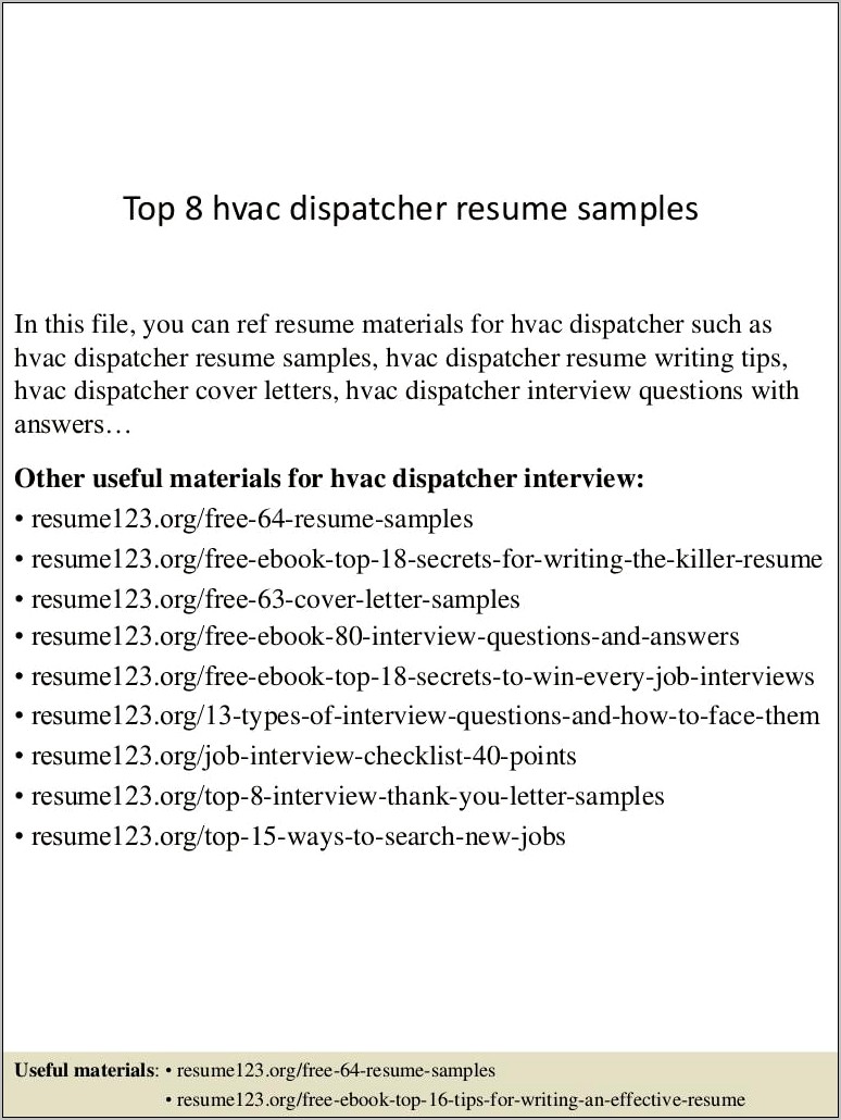 Fleet Dispatcher Job Description For Resume