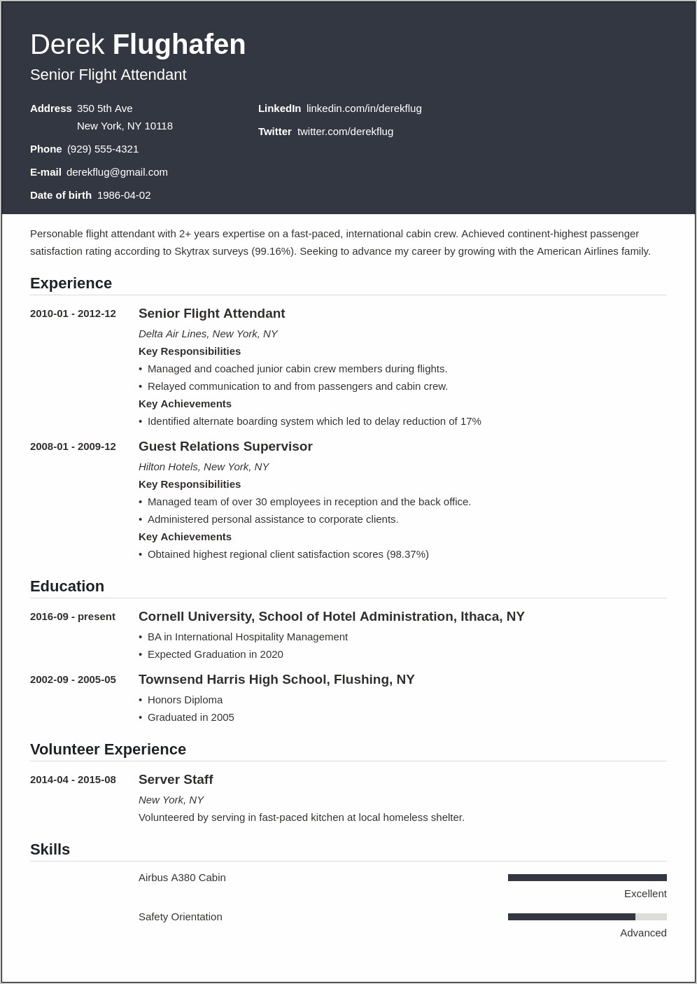 Flight Attendant Resume For No Experience