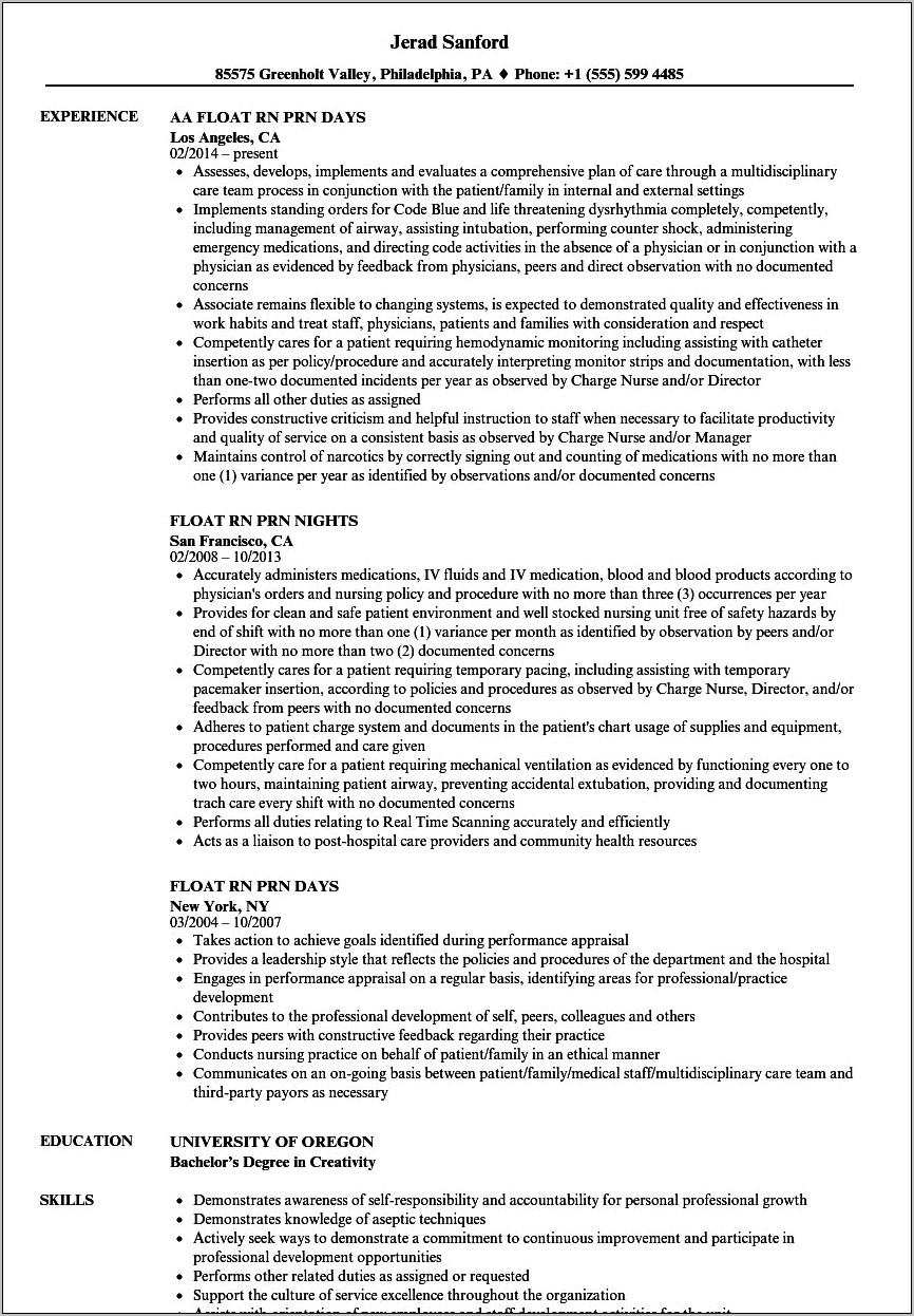 Float Nurse Job Description For Resume